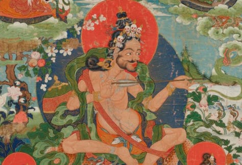 Detail of Thangka (painting on textile) depicting Saraha and other Mahasiddhas, Tibet, 18th century. Courtesy of the British Museum.