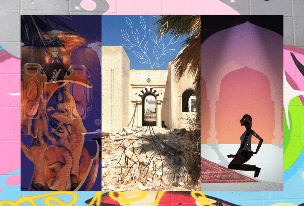 three portrait images from left, an orange vase with chicken feet inside, a courtyard with blue skies, a person in shadow kneeling down